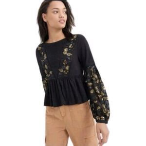 Anthropologie Neale Black Sequin Peplum Top Balloon Sleeve Womens Sz S EUC
